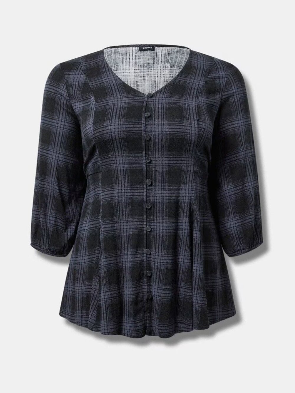 Torrid Fit & Flare Plaid Tunic Top 1X/2X Black Purple Rayon V-Neck Cottagecore